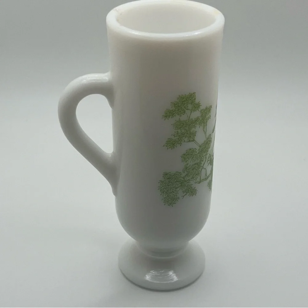 milk glass mug on pedestal green toile design demitasse by Avon cup with handle